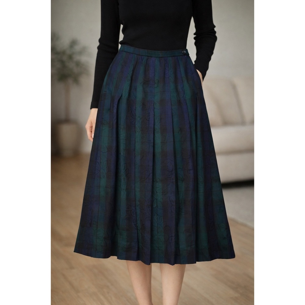 Vintage Pendleton Skirt Womens Petite 12 Green Striped Wool Pleated‎ Midi USA